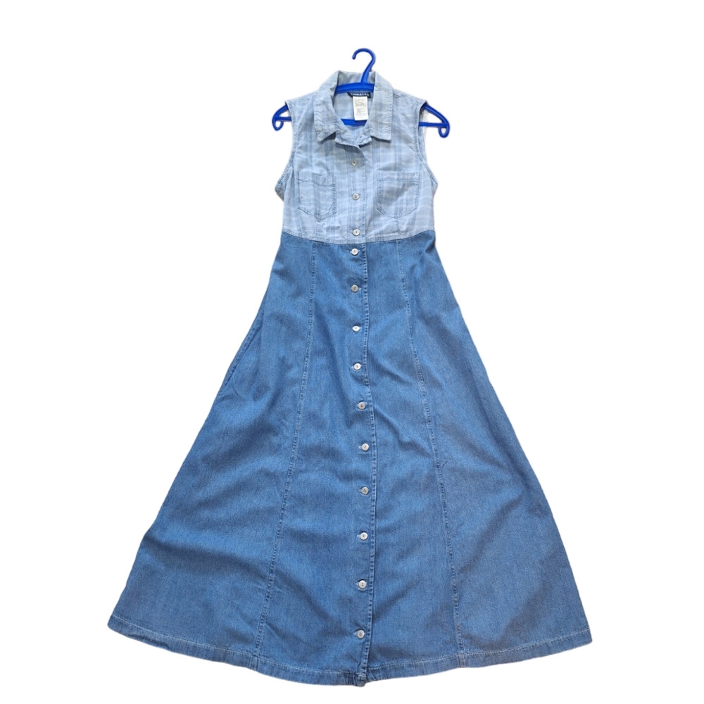 Tickets Denim & Cotton Blue Plaid Button Down Front Maxi Dress, Sz 13/ 14